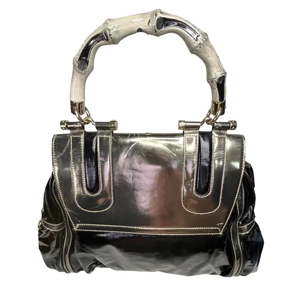 Gucci Dialux Pop Bamboo Top Handle Two Way Satchel Bag Black Silver Large